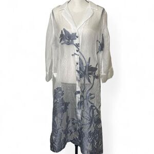 Chico's Travelers White Sheer Floral Blue Metallic Midi Cover Up Sz 2 (US 12/14)